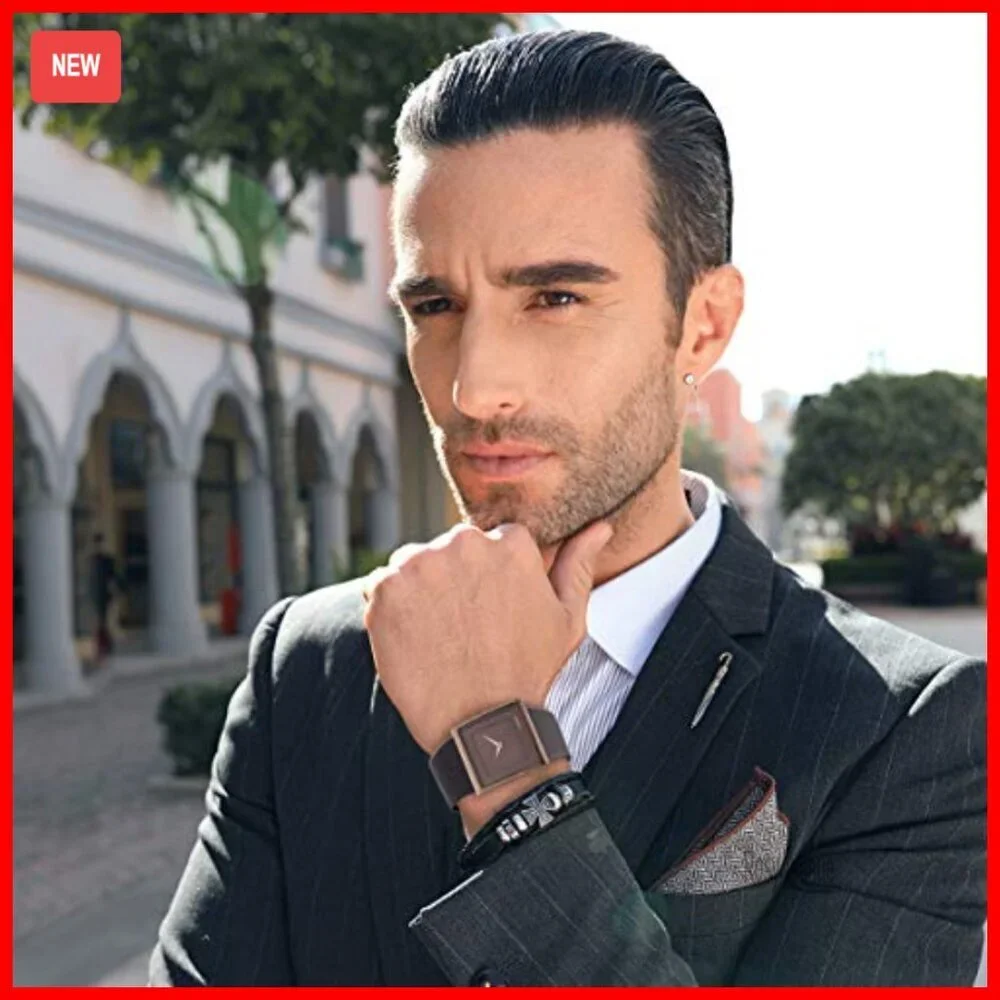 Men's Square Quartz Watch Leather Strap Business Casual Analog